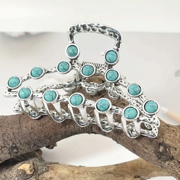 NEW Retro Western Bohemian Silver and Natural Turquoise Hair Claw Clip